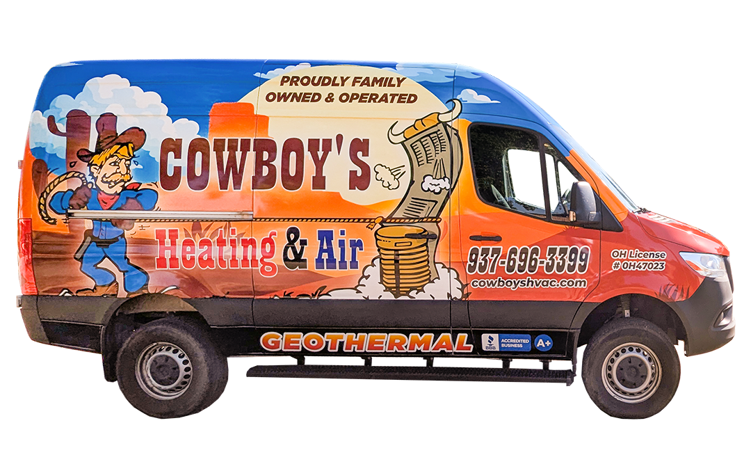 A photo of a van wrapped in Cowboy's Heating and Air branding.